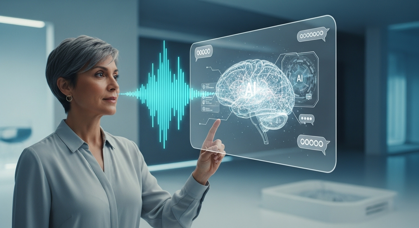 Gestor interagindo por voz com uma nuvem de dados que responde projetando um gráfico holográfico no ar.