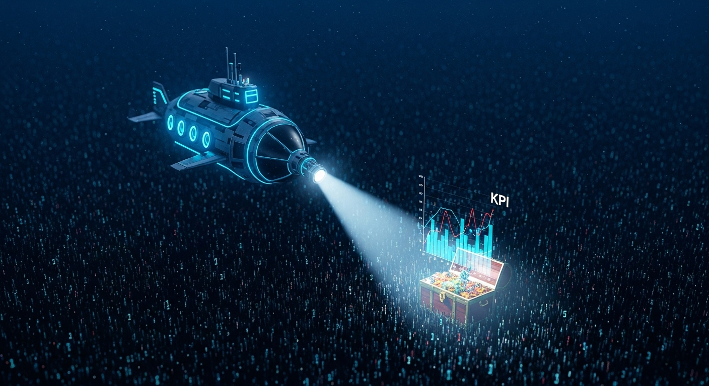 Submarino tecnológico iluminando um baú de tesouro no fundo de um oceano de dados, revelando um insight valioso.
