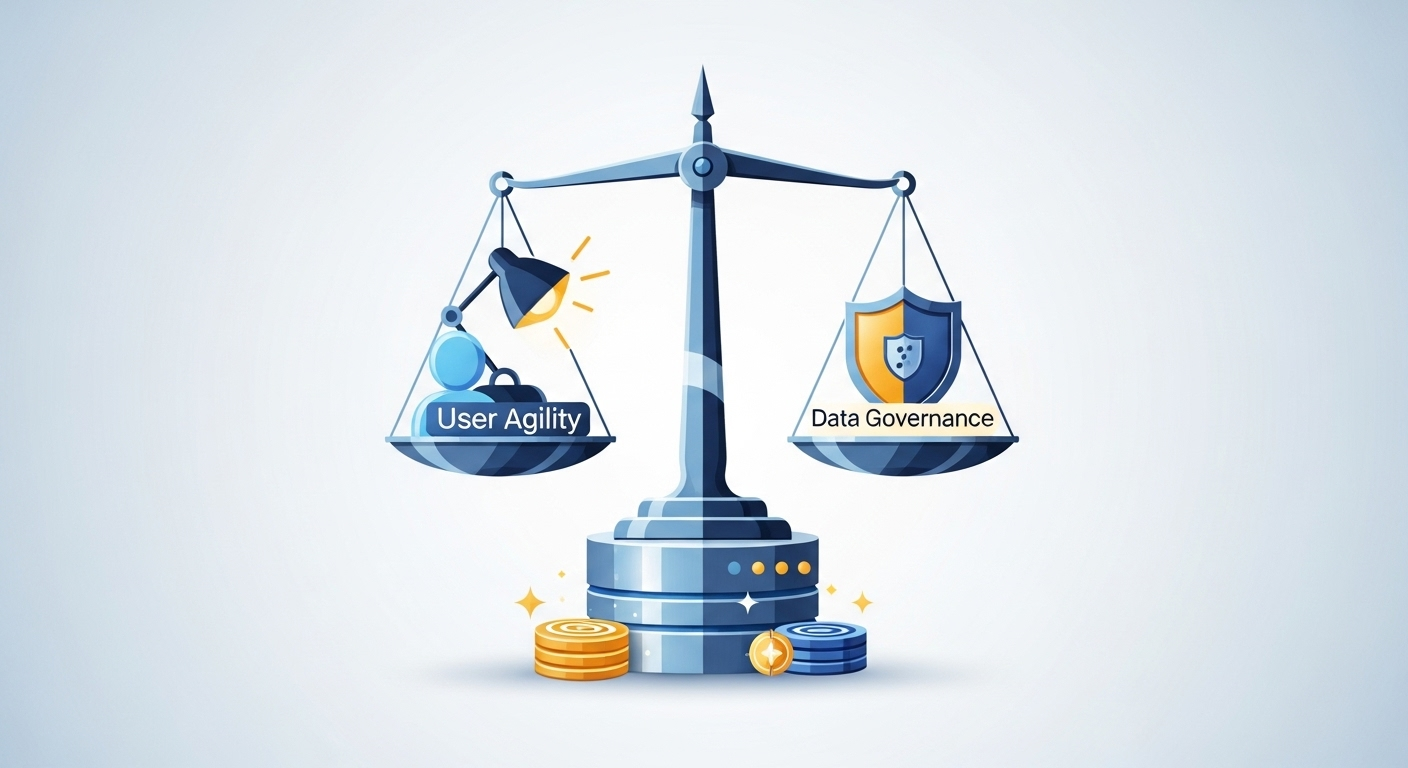 Balança equilibrando de um lado um ícone de usuário com uma lâmpada e, do outro, um ícone de escudo, simbolizando o equilíbrio entre agilidade e governança.