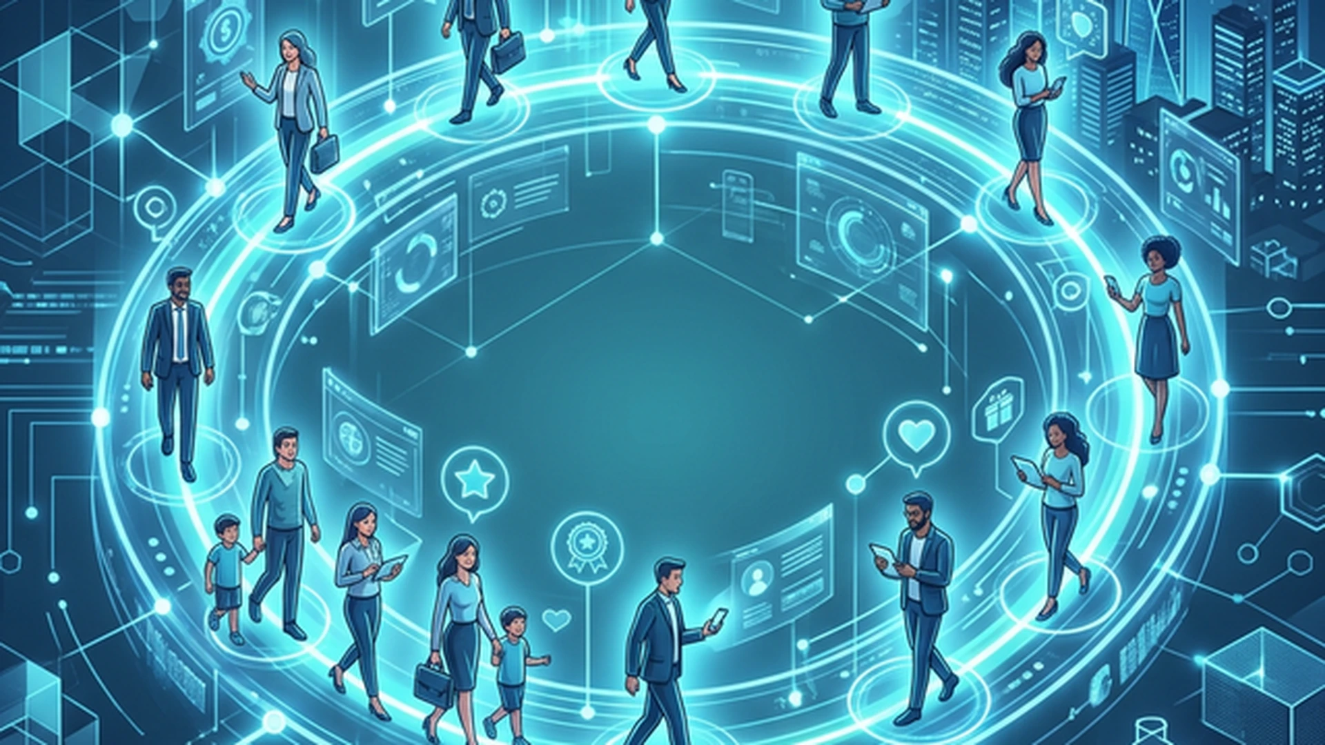 Ilustração tecnológica de conexões digitais interligando clientes fiéis em um loop contínuo.