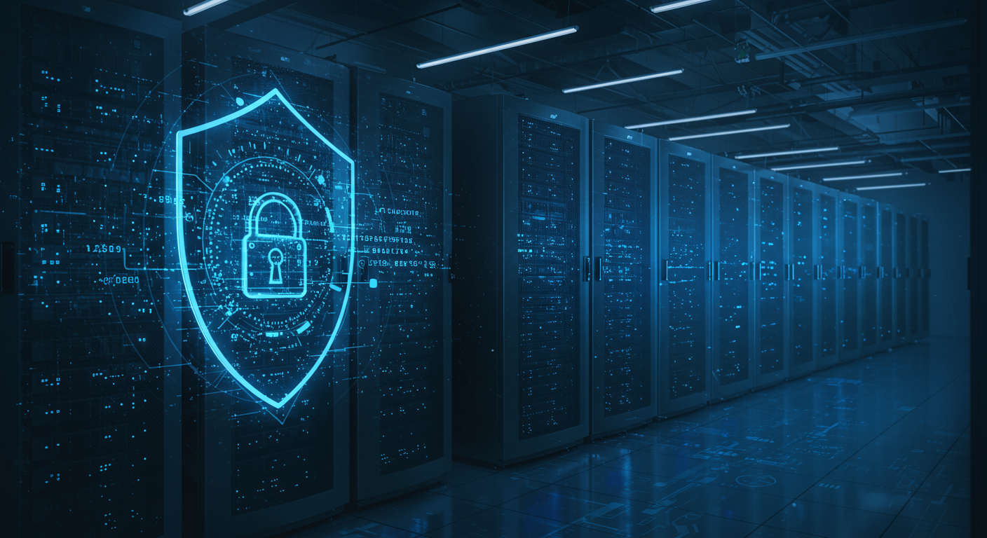 Ilustração Infraestrutura de TI Segura - Datacenter estilizado com escudo protetor