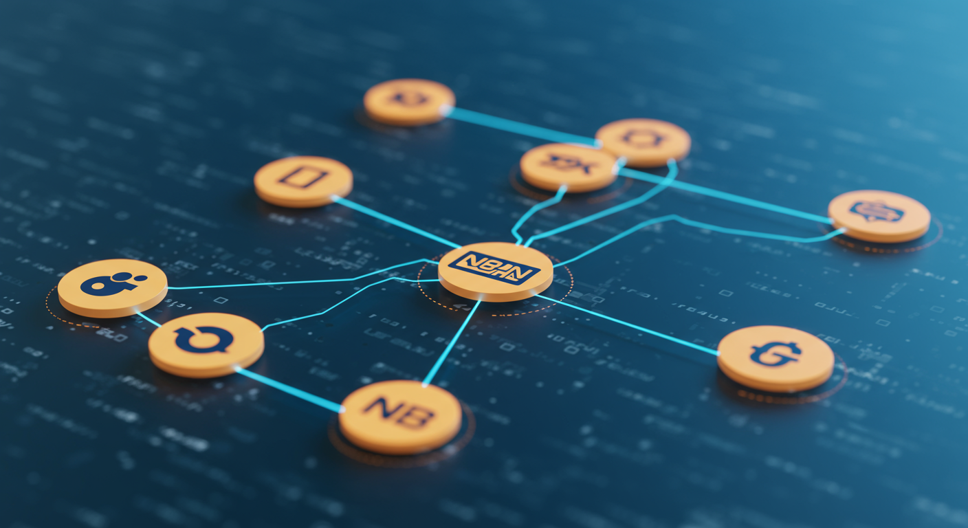 Ilustração de orquestração de processos com ícones de apps conectados