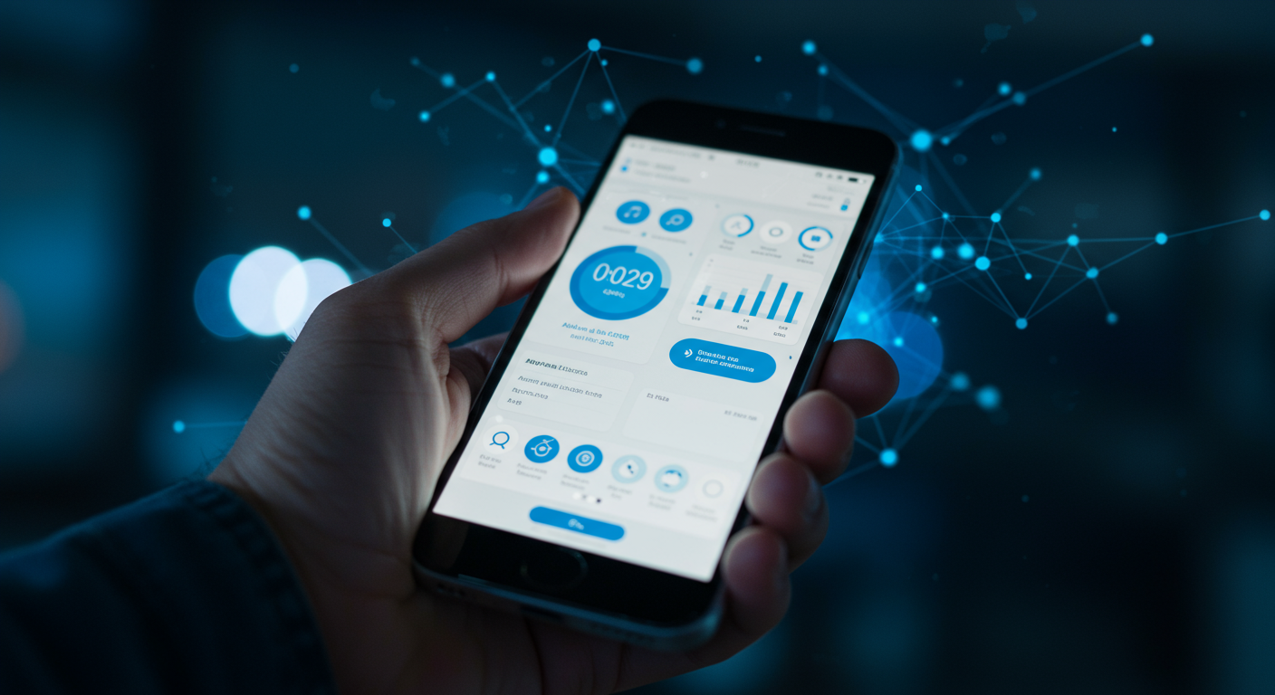 Ilustração Desenvolvimento Mobile - Mão segurando smartphone com UI elegante