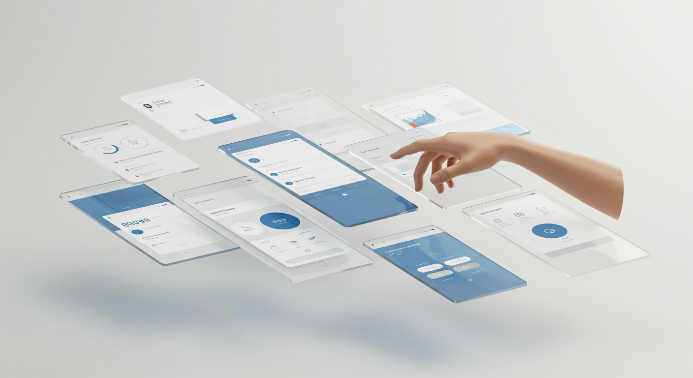 Ilustração Desenvolvimento Web - Múltiplas camadas de UI flutuando